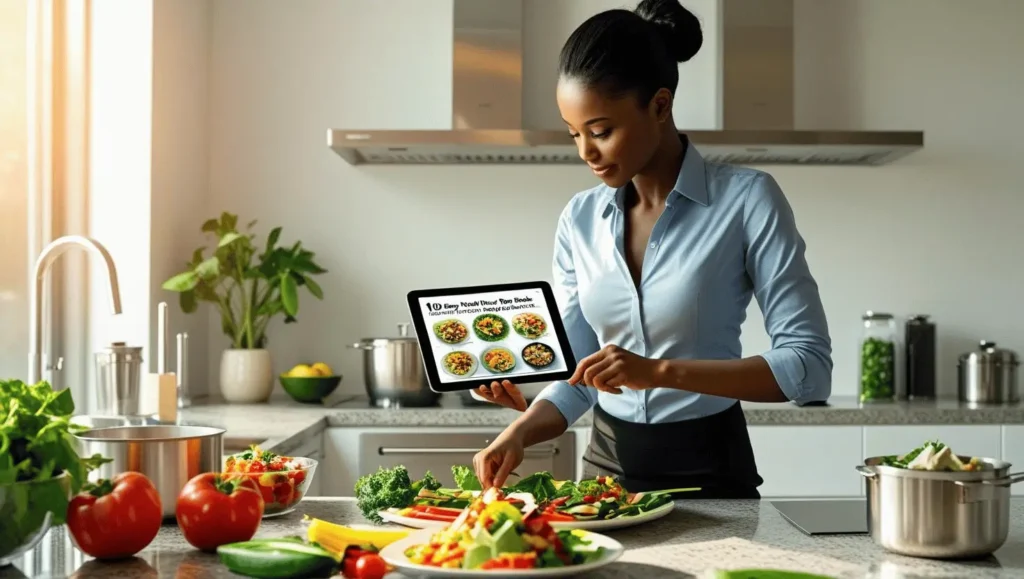 Busy professional using recipes from the 10 easy meal prep books for healthy eating on a busy schedule 2025 while cooking in a modern kitchen
