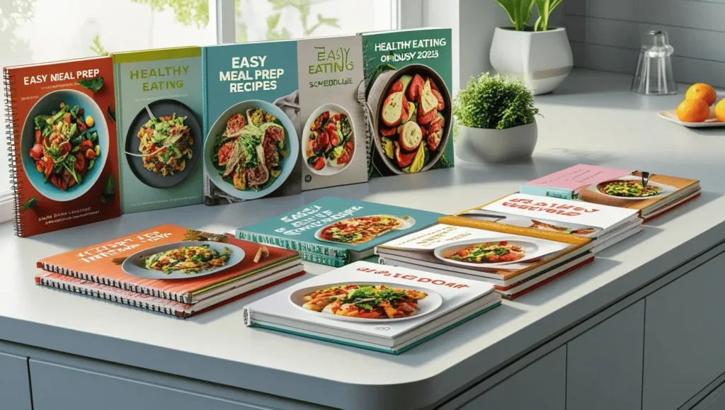 Collection of the 10 easy meal prep books for healthy eating on a busy schedule 2025 displayed on a modern kitchen counter