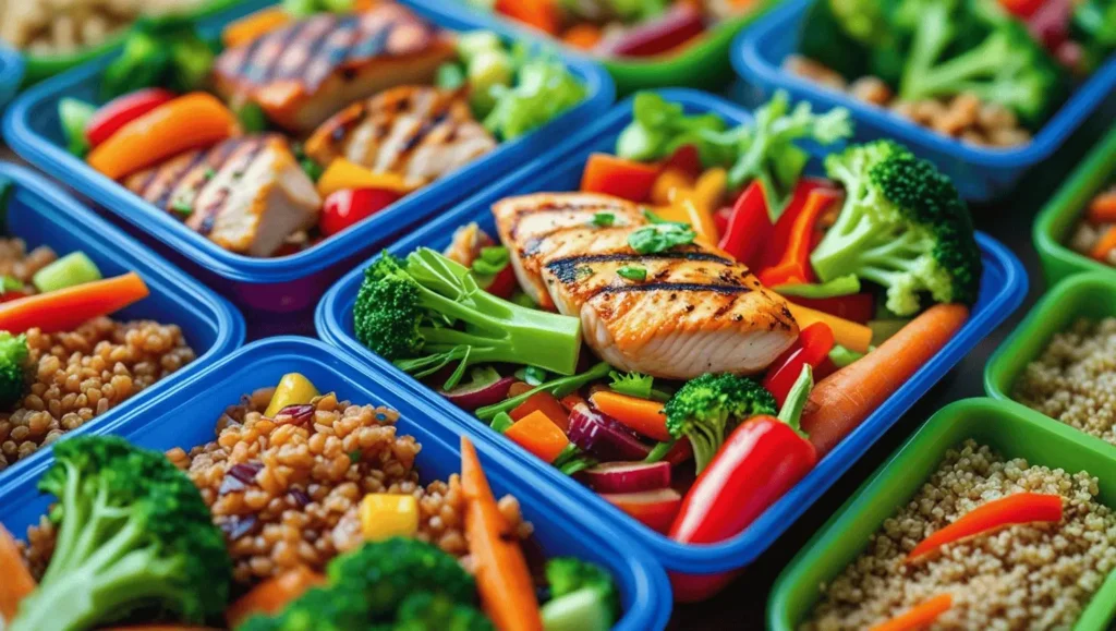 Colorful meal prep containers showcasing active&fit nutrition with lean proteins vegetables and whole grains