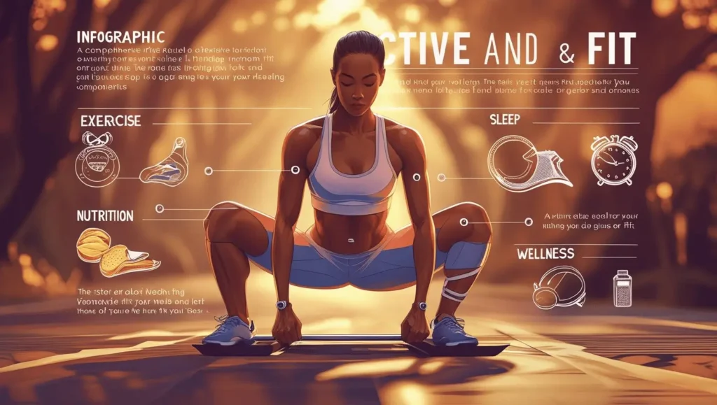 Comprehensive active&fit lifestyle infographic showing exercise nutrition sleep and wellness components