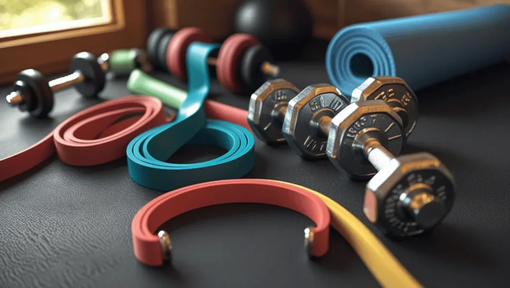 Home gym setup featuring active&fit equipment including resistance bands dumbbells and yoga mat
