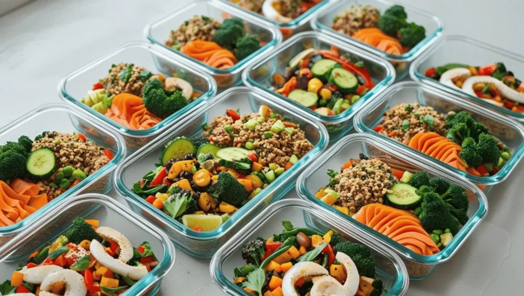 Organized meal prep containers showcasing recipes from the 10 easy meal prep books for healthy eating on a busy schedule 2025