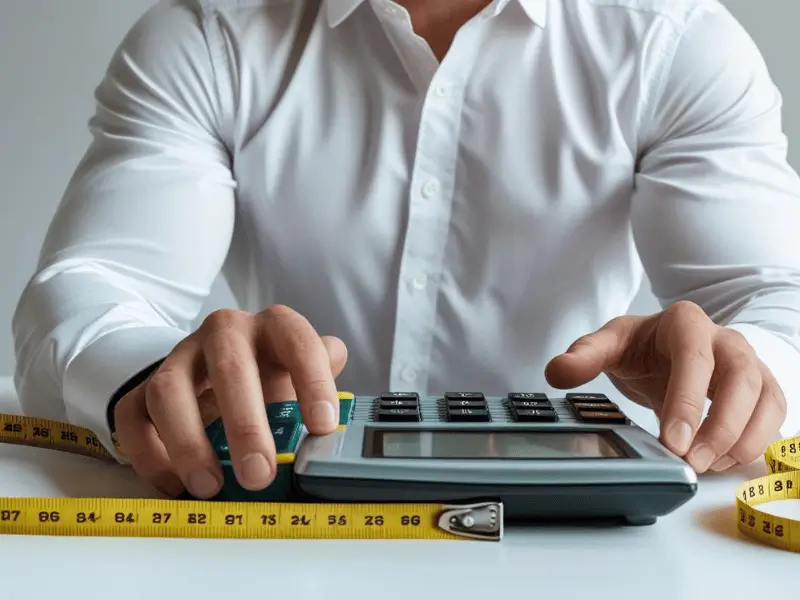 Person using calculator and measuring tape showing how to calculate the calories the body needs to lose weight