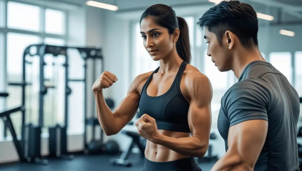 Professional personal trainer demonstrating proper exercise form during personal trainer training session