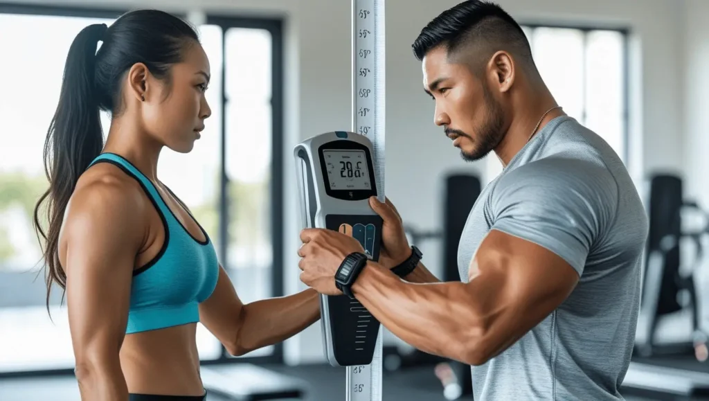 Personal trainer training assessment process showing body measurement tracking system