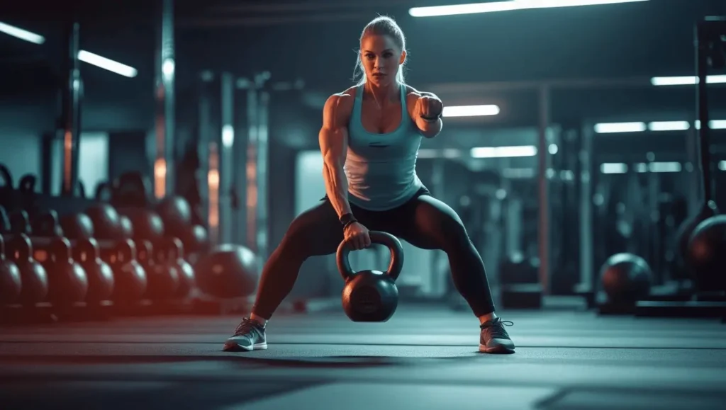 Personal trainer training kettlebell swing demonstration showing proper form and safety techniques