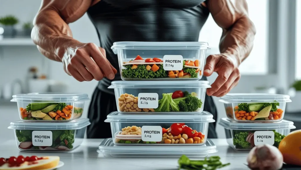 Personal trainer training nutrition planning showing balanced meal preparation for fitness goals