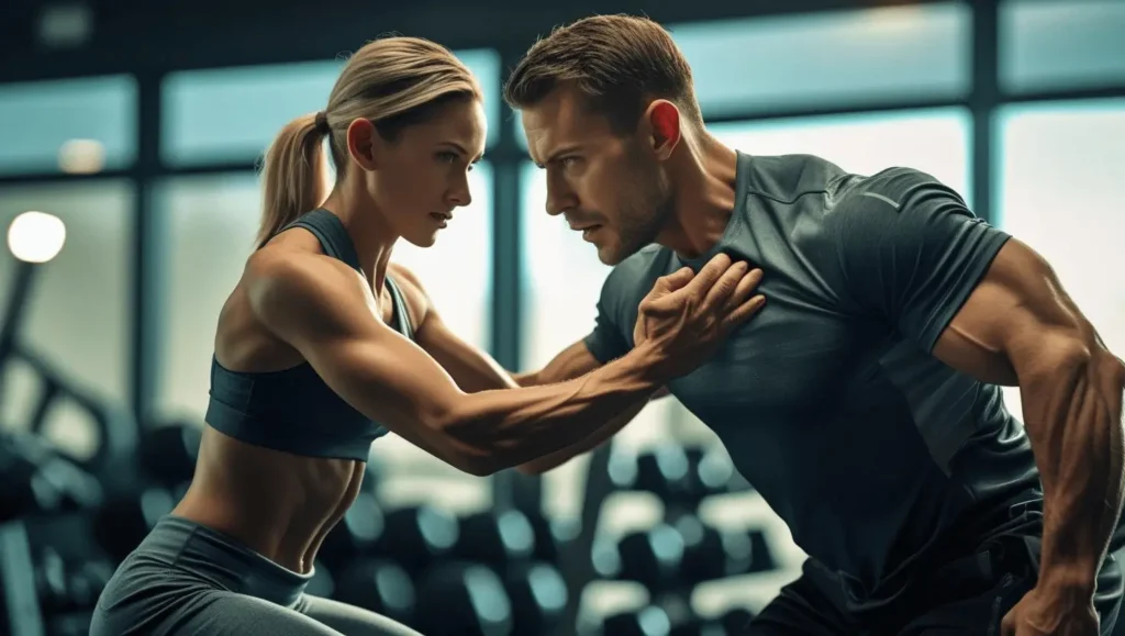 Personal trainer training safety focus showing proper exercise form correction and injury prevention