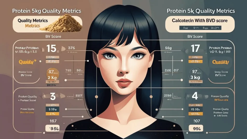 Protein 5kg quality metrics infographic with BV scores