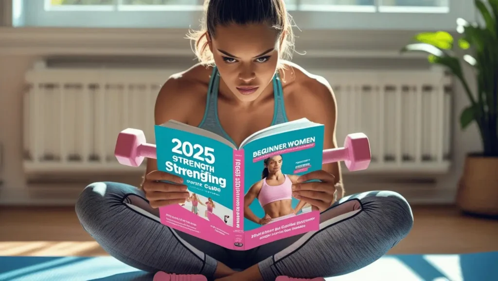 Woman reading one of the best strength training books for beginner women in 2025 while holding dumbbells