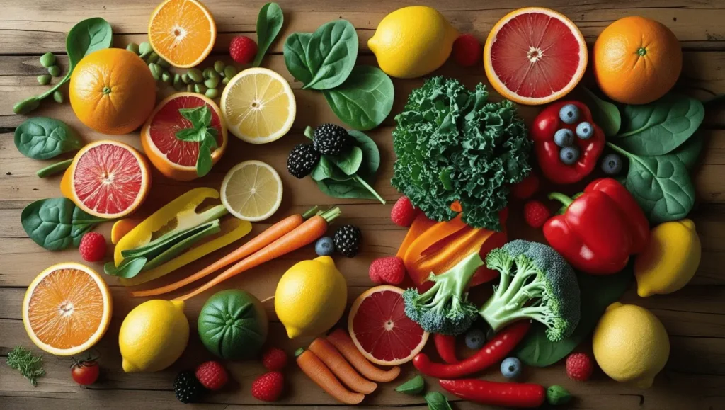The best foods to boost immunity in children including citrus fruits, leafy greens, and colorful vegetables