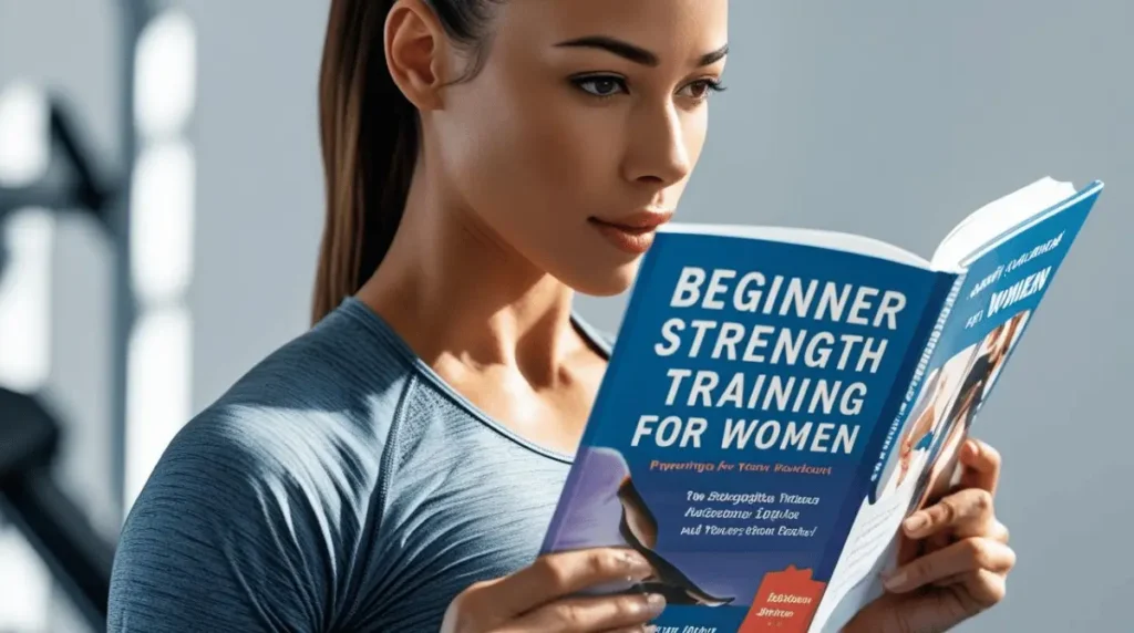 Woman reading beginner strength training for women book while preparing for workout