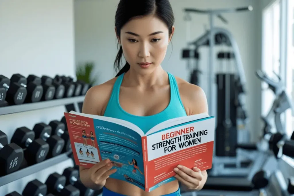 Woman using beginner strength training for women book as reference during home workout