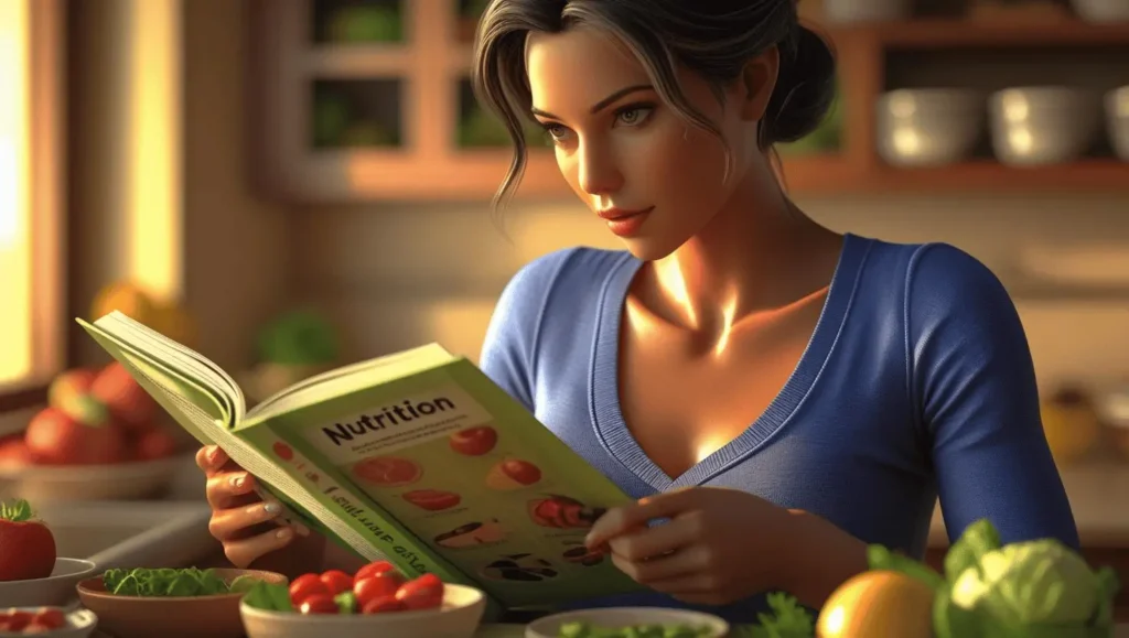 Woman reading nutrition books for weight loss while preparing healthy meals